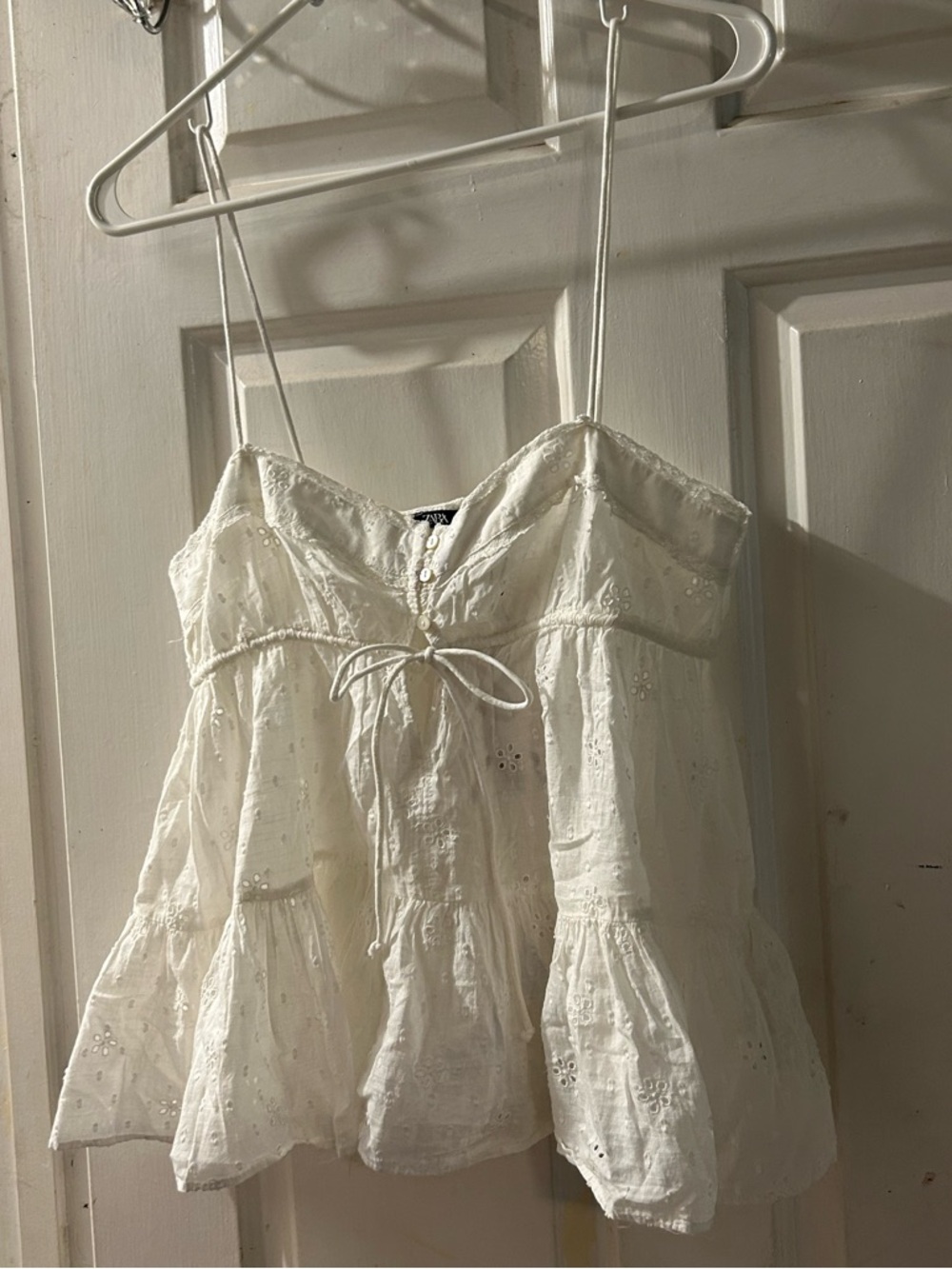 Zara White Eyelet Spaghetti Strap Peplum Top